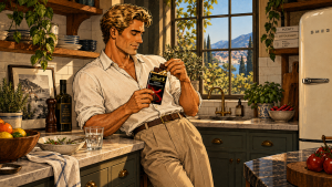 The Thinker smiling and enjoying Lindt Chili Dark Chocolate in a sunny kitchen after finishing a healthy meal.