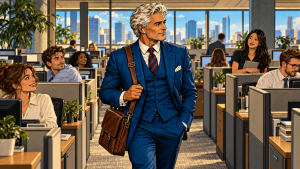 Illustration of The Thinker as a confident 65-year-old man in a blue suit walking through an office of younger employees, representing working after retirement.